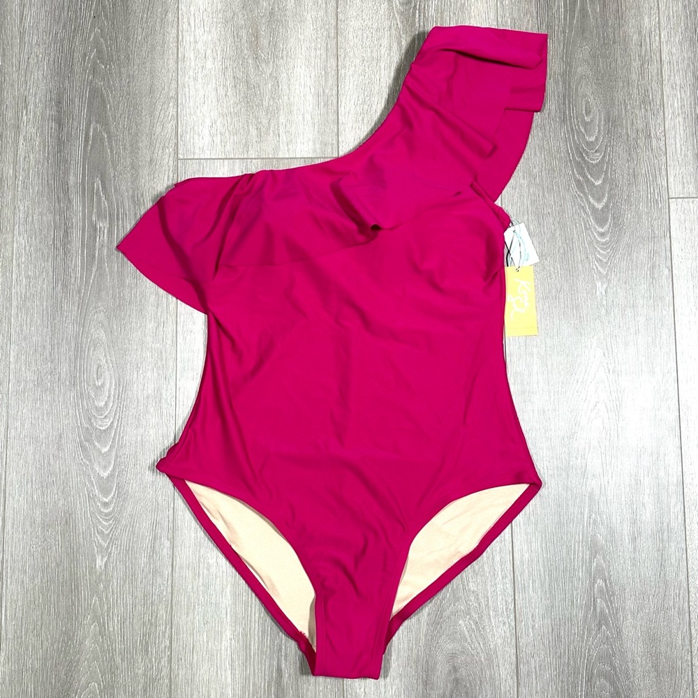 Kona Sol Pink One-Shoulder Swimsuit. Large (12-14). NWT